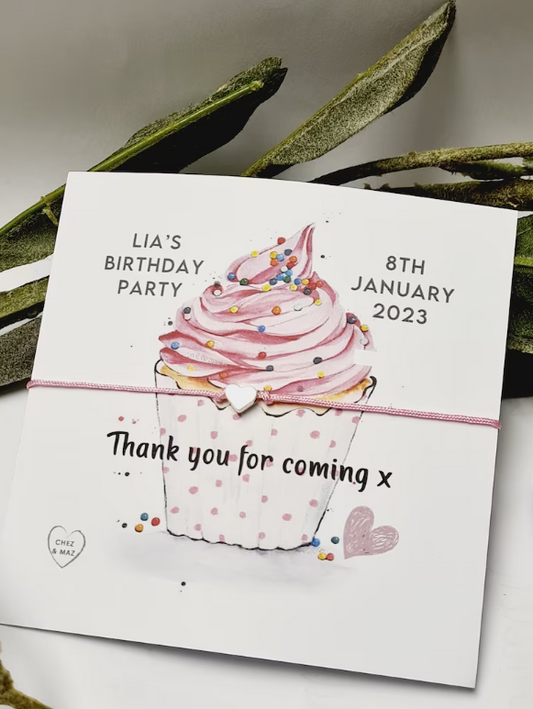 Thank you for coming to my party wish string charm bracelet - Party bag Goodie filler - Personalised -Birthday Cake Cupcake Design - CC4