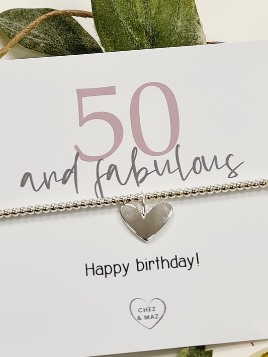 50 and fabulous, 50th Birthday, Fifty, 50th Gift I Happy birthday - Silver plated charm bracelet & silver heart charm