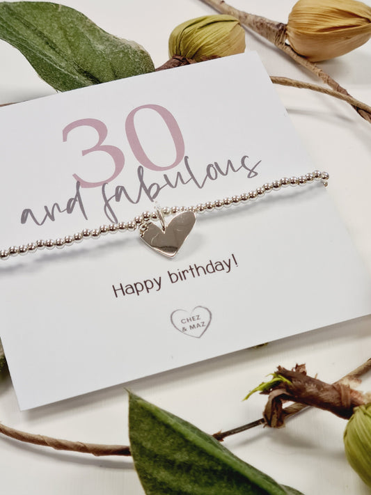 30 and Fabulous I 30th Birthday I 30 I Thirty I Happy birthday - Silver plated charm bracelet & silver heart charm I 30th Birthday Bracelet