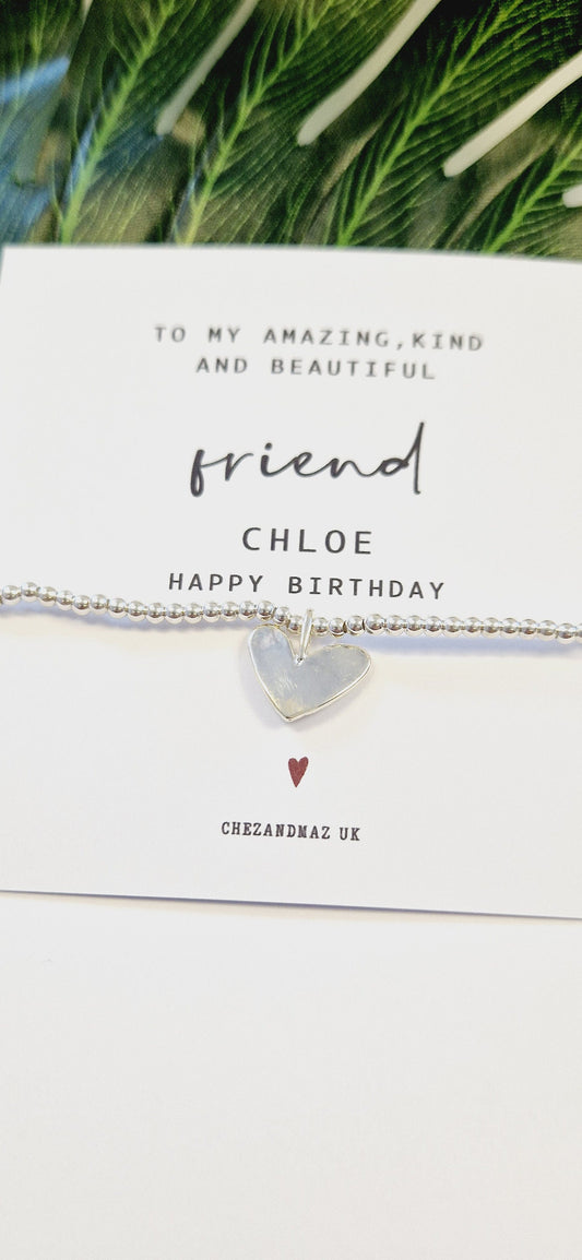 Personalised Friend Bracelet | Happy Birthday Gift for Friend | Silver Heart Charm Bracelet | Custom Birthday Jewellery for Her RT101
