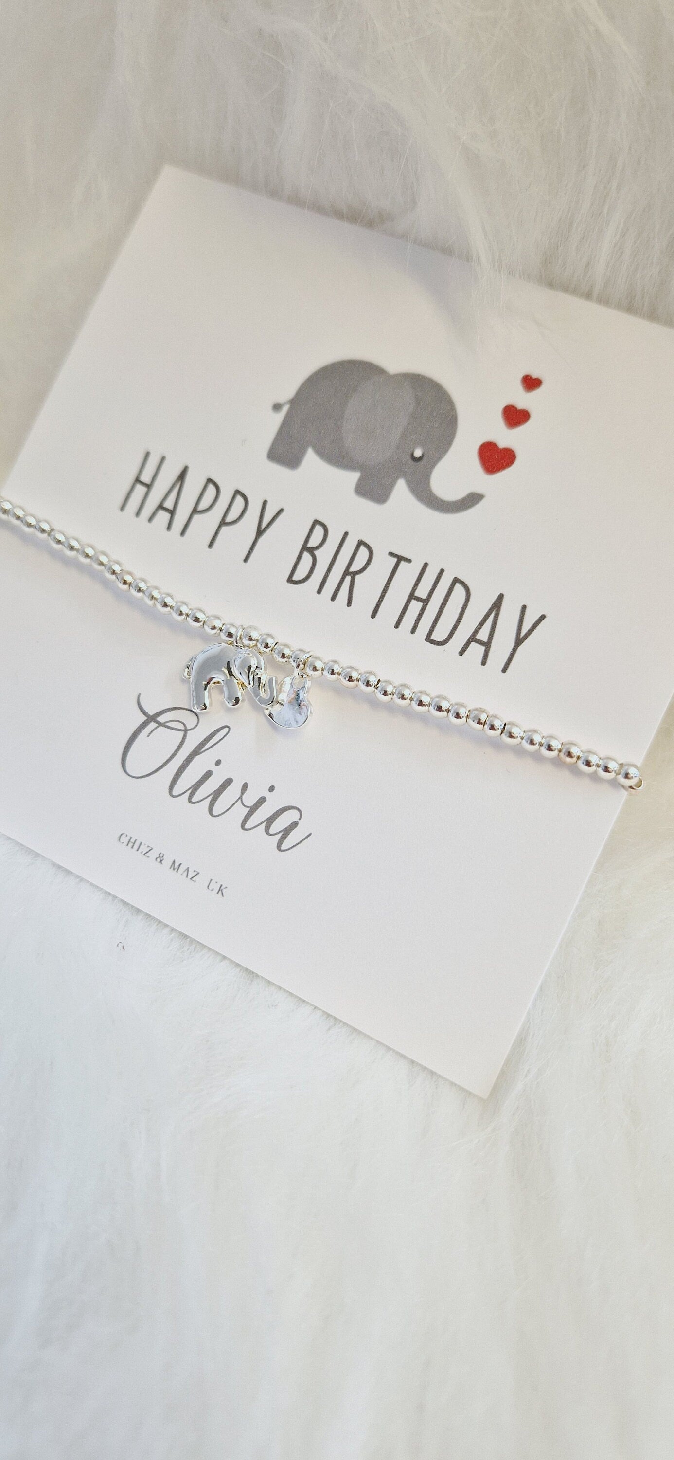 Happy Birthday Personalised Elephant Card I Silver Plated Charm Bbracelet & Silver Elephant Charm