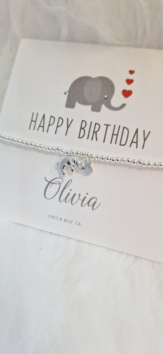 Happy Birthday Personalised Elephant Card I Silver Plated Charm Bbracelet & Silver Elephant Charm