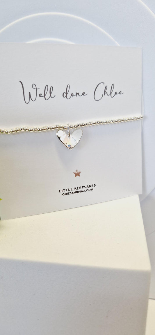 Well Done I Personalised I Passing Exams A level, Degree, GCSE I Silver plated charm bracelet & silver heart charm I Congratulations