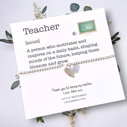 Thank You Gift Teacher Personalised I Nursery | TA | Childminder | Silver Beaded Charm Bracelet | Gifts For Teachers | Description Noun TEQ3
