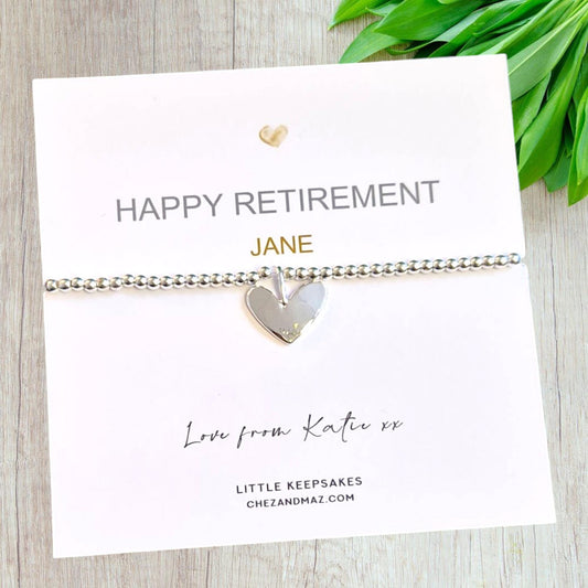 Personalised Retirement Bracelet | Retiring | Happy Retirement | Silver Plated Charm Bracelet Heart Charm mu77