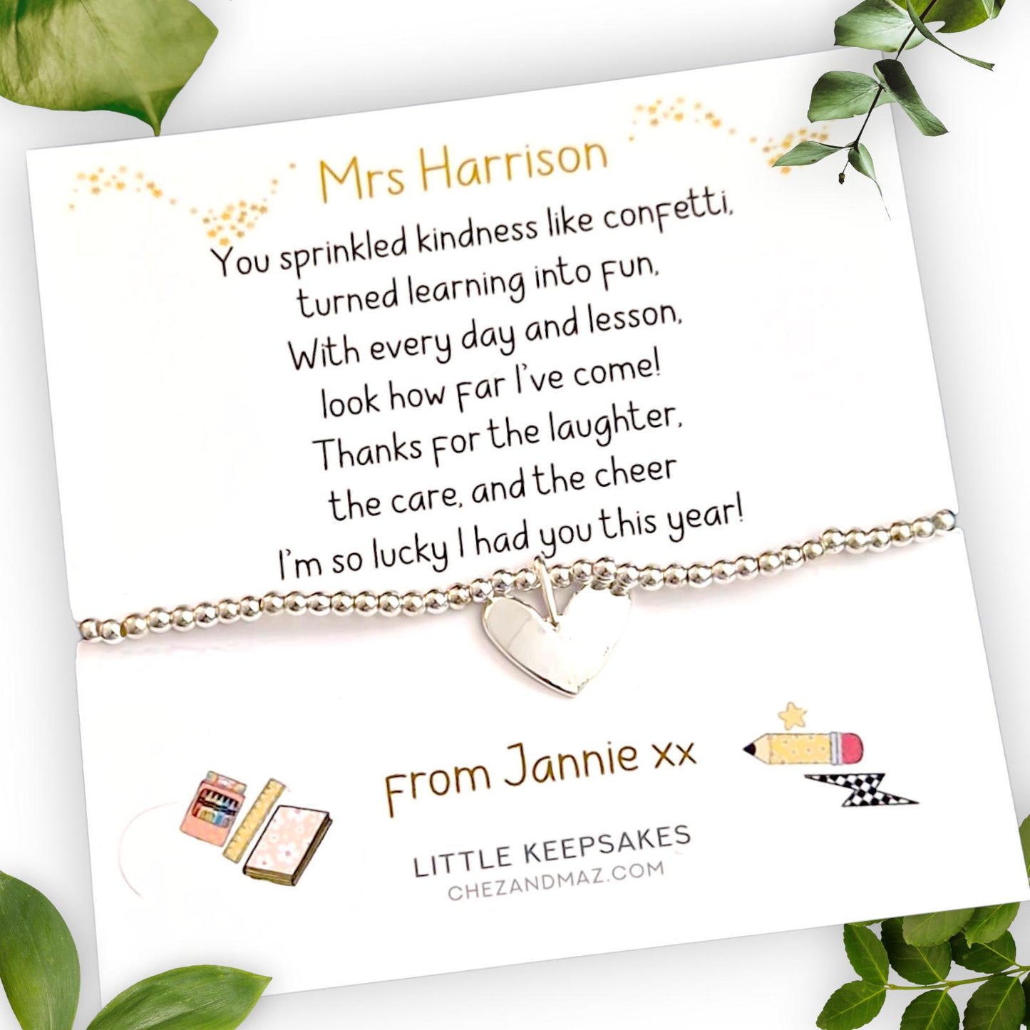 Personalised Thank You Gift Teacher/Nursery | TA | Childminder | Silver Plated Beaded Bracelet | Gifts For Teachers | Charm Bracelet Te45