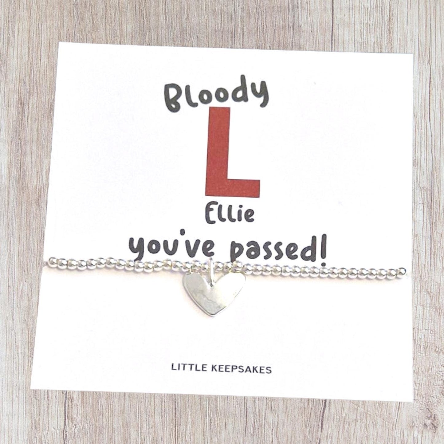 Funny Driving Test Card & Bracelet I Bloody L I Congratulations I Personalised I Driving Test I Silver plated charm bracelet heart charm