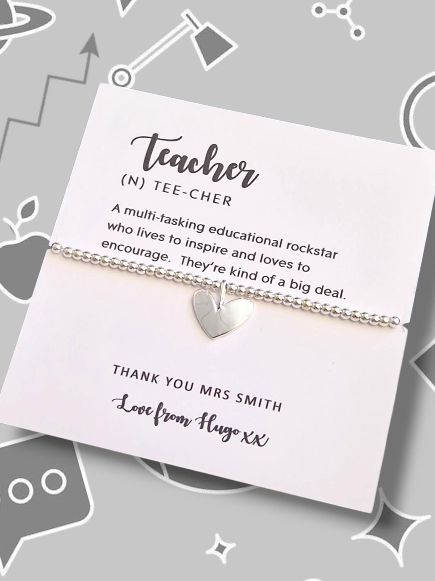 Teacher Definition I Teacher Quote I Personalised I Silver Beaded Charm Bracelet | Gifts For Teachers | Multi-tasking educational RockStar