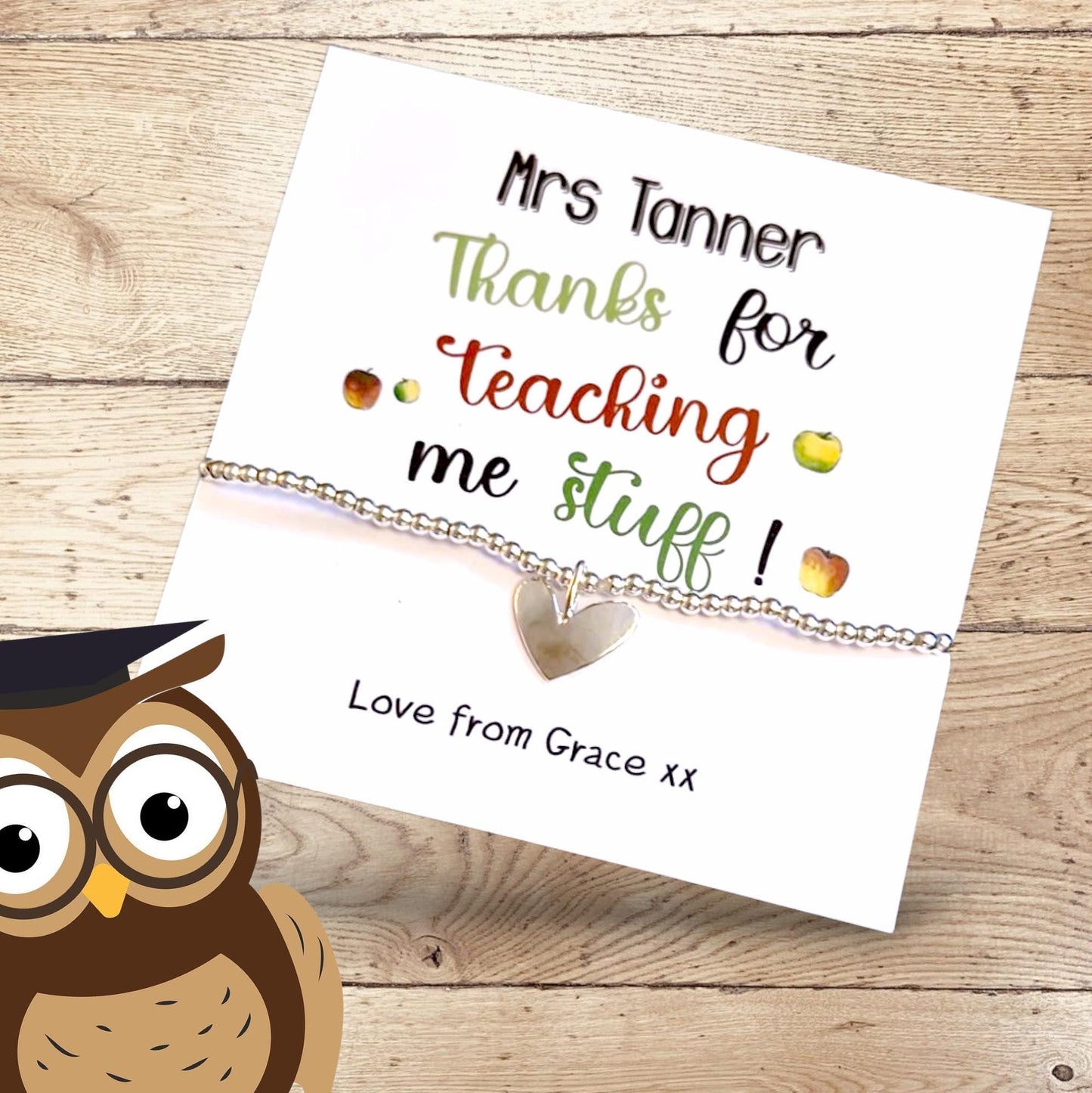 Thank You Gift Teacher Personalised I Nursery | Silver Beaded Charm Bracelet | Gifts For Teachers | Thank you for teaching me stuff