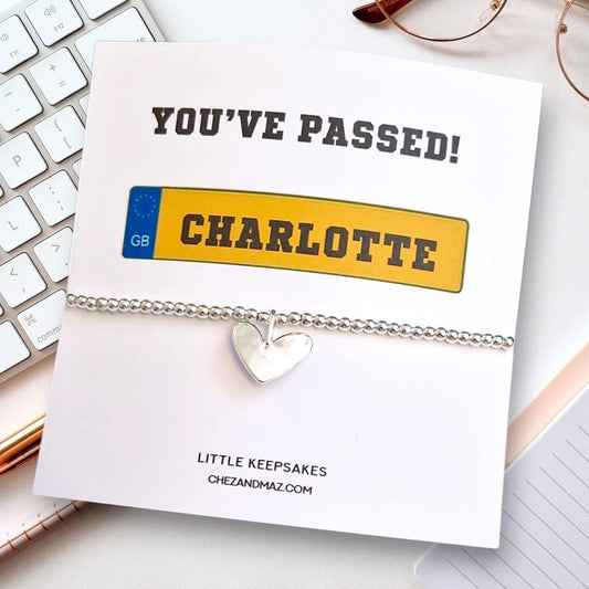 Funny Driving Test Card & Bracelet I Reg Plate I Congratulations I Personalised I Driving Test I Silver plated charm bracelet heart charm