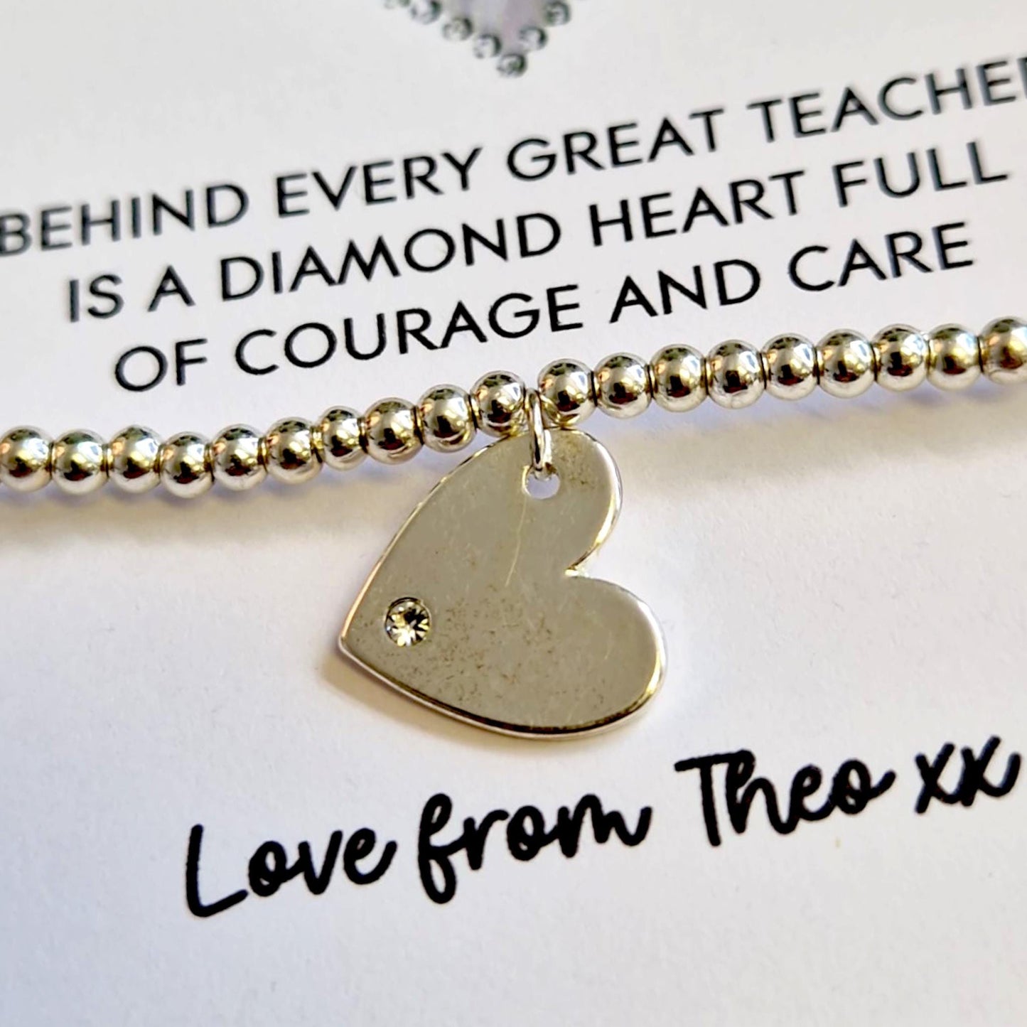Thank You Gift Teacher Personalised, Behind every great teacher, is a Diamond heart full of courage & care, Silver Bracelet I Teacher Gifts