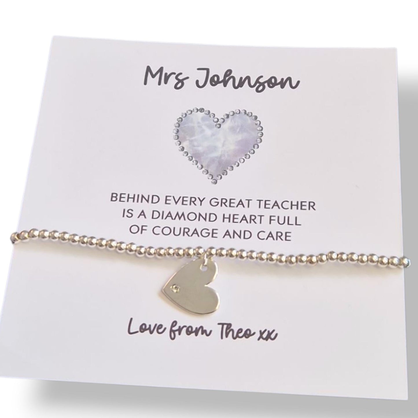 Thank You Gift Teacher Personalised, Behind every great teacher, is a Diamond heart full of courage & care, Silver Bracelet I Teacher Gifts