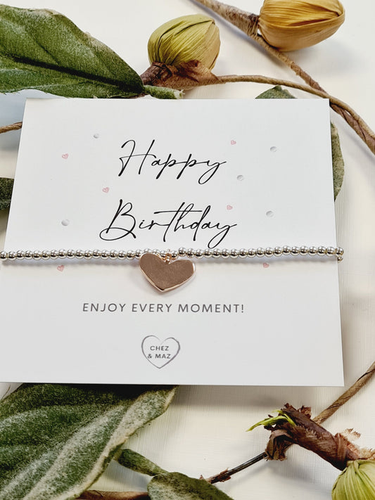 Happy birthday - enjoy every moment - Silver plated charm bracelet & rose gold heart charm