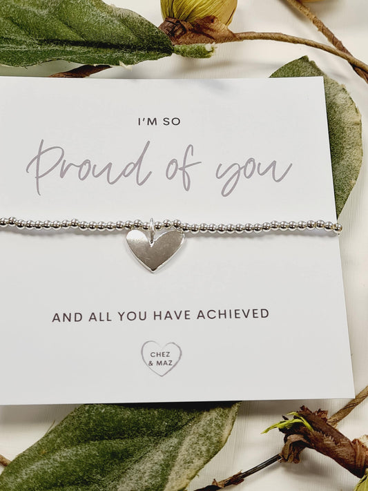 I'm so proud of you and all you have achieved - Silver plated charm bracelet & heart charm