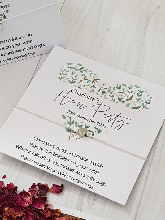 Eucalyptus heart Hen Party Wish Bracelets - Personalised - Goodie Bag Filler - Hen Weekend, Hen Do, Girls Weekend - Bride to Be - EH2