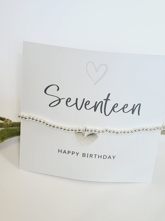 Seventeen happy birthday silver heart charm bracelet, 17th birthday bracelet, 17th birthday gift, happy 17th birthday gift, 17th birthday