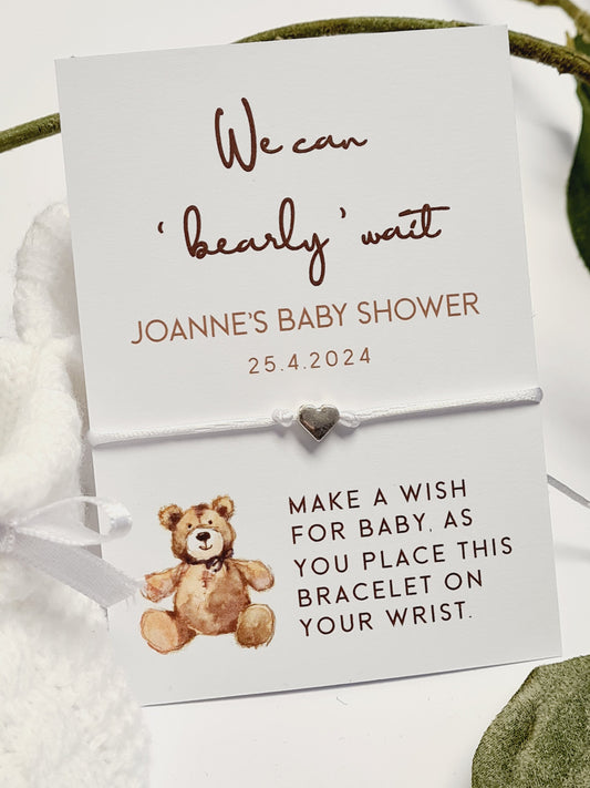 We can 'bearly' wait-Teddy Bear - Personalised Baby Shower Wish Bracelet, Mummy to Be, Charm String Bracelet, Personalised Gift - 704