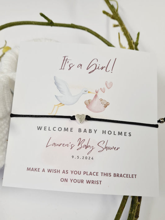 It's a Girl!- Stork Personalised Baby Shower Wish Bracelet, Mummy to Be, Charm String Bracelet, Personalised Gift - Pink - S566