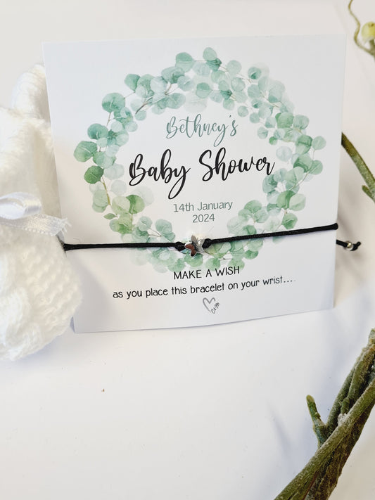 Eucalyptus Botanical wreath Personalised Baby Shower Wish Bracelet, Mummy to Be, Charm String Bracelet, Personalised Gift - BB88