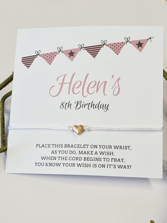 Pink Bunting Design Birthday - wish string charm bracelet - Party bag filler - Personalised - Any age - Batmitzvah - Christening - Party W1