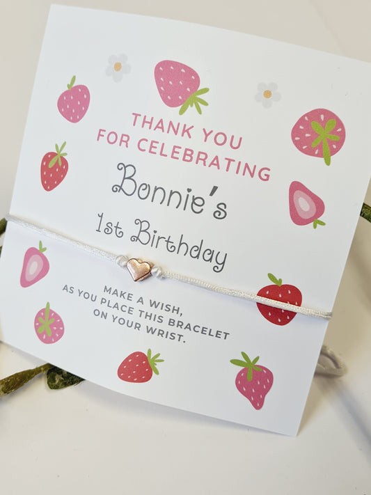 Pink & Red Strawberries Design Birthday - wish string charm bracelet - Party bag filler - Personalised - Any age - St55