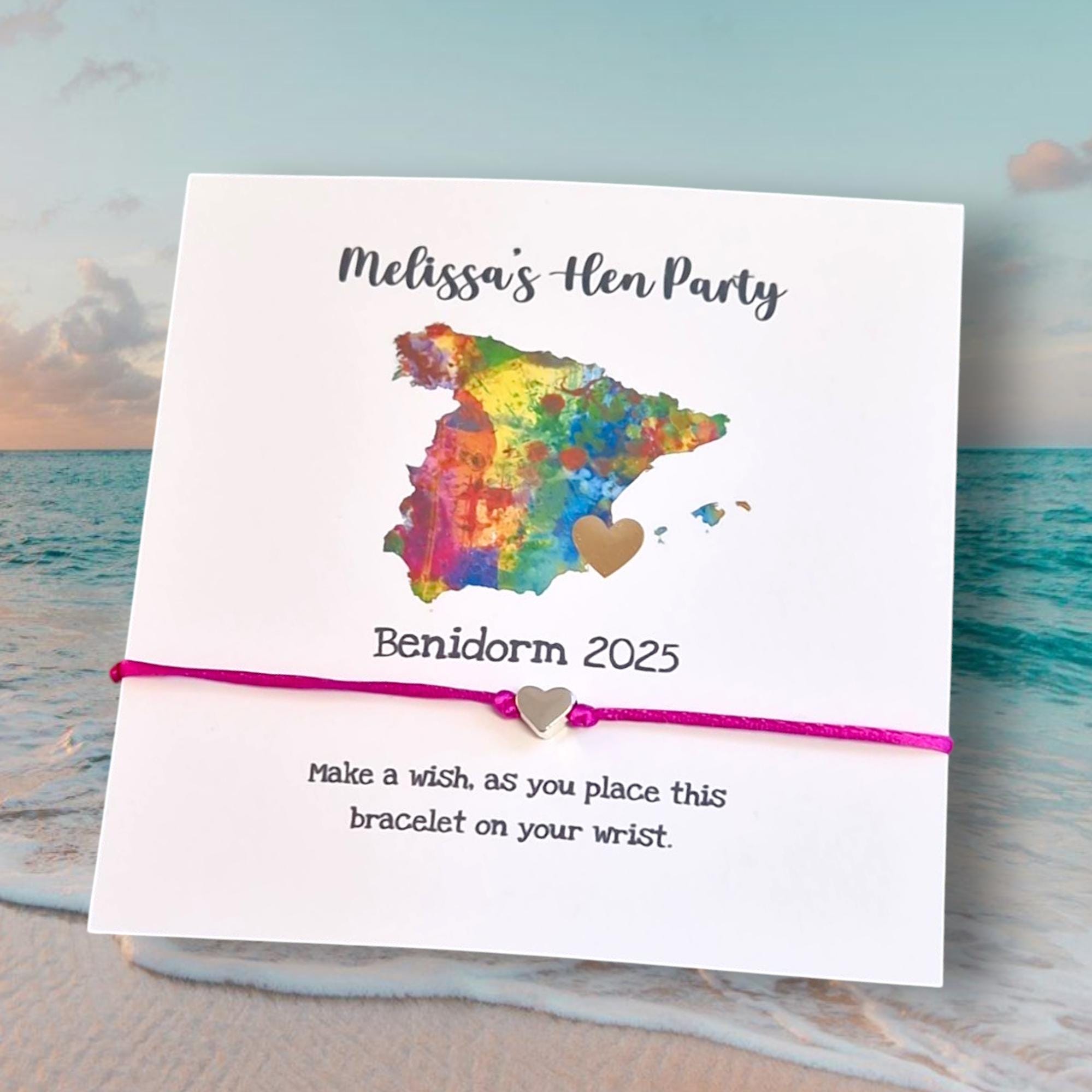 Benidorm I Hen Party I Birthday I Personalised Wish Bracelets I Spain Map with heart I Calligraphy - Girls Weekend- Hen Do- MV6