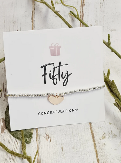 50th Happy Birthday - Fifty - 50th Birthday - Congratulations- Silver Plated Charm Bracelet & Rose Gold Plated Heart Charm - 50th gift