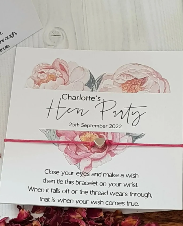 Peony Hen Party Wish Bracelets - Personalised - Goodie Bag Filler - Hen Weekend, Hen Do, Girls Weekend-pe5