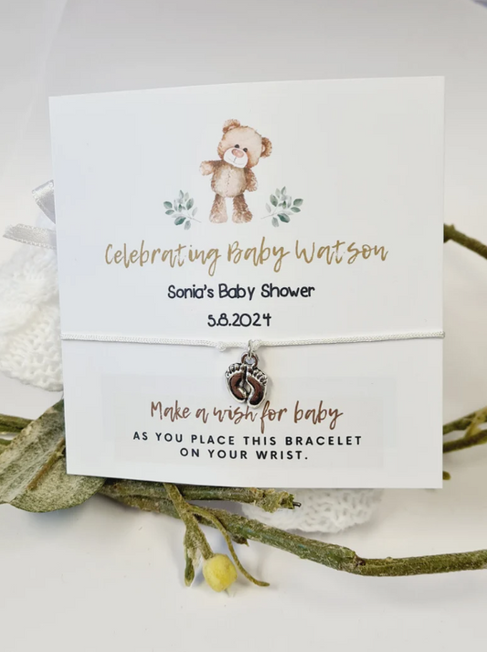 Cute Teddy Bear - Personalised Baby Shower Wish Bracelet, Mummy to Be, Charm String Bracelet, Personalised Gift -Celebrating Baby - BM11