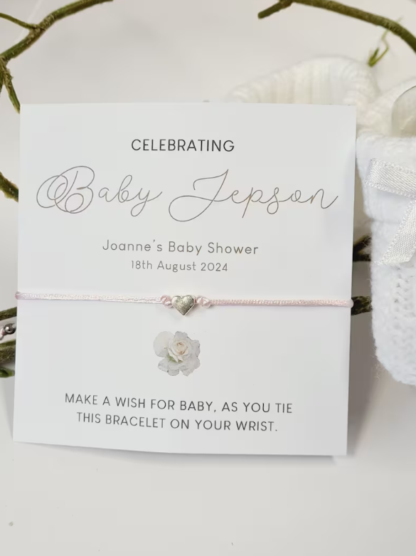 Personalised Baby Shower Wish Bracelet, Simple White Rose Mummy to Be, Charm String Bracelet, Personalised Gift -Celebrating Baby -R12