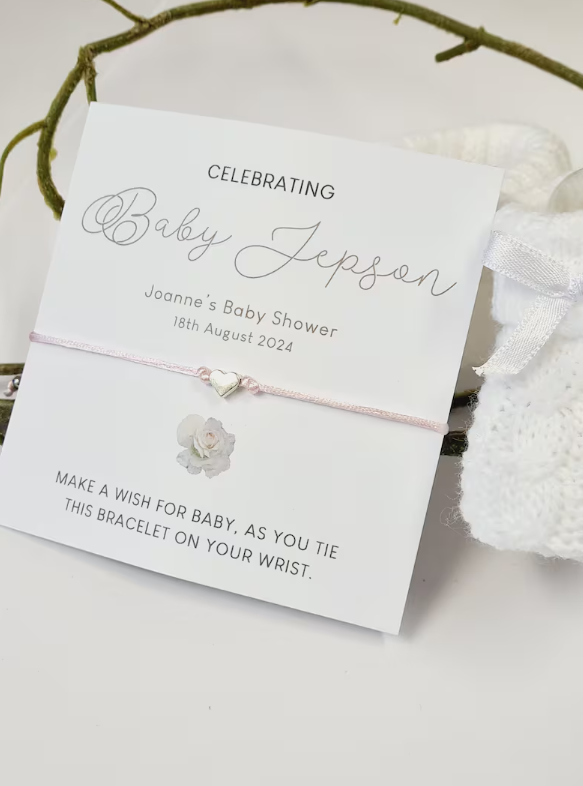 Personalised Baby Shower Wish Bracelet, Simple White Rose Mummy to Be, Charm String Bracelet, Personalised Gift -Celebrating Baby -R12