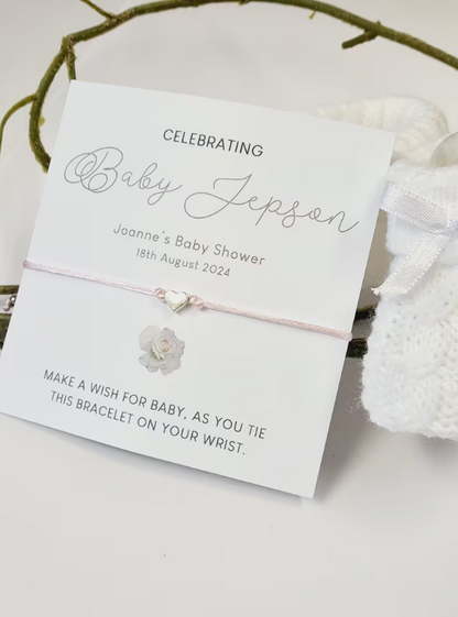 Personalised Baby Shower Wish Bracelet, Simple White Rose Mummy to Be, Charm String Bracelet, Personalised Gift -Celebrating Baby -R12