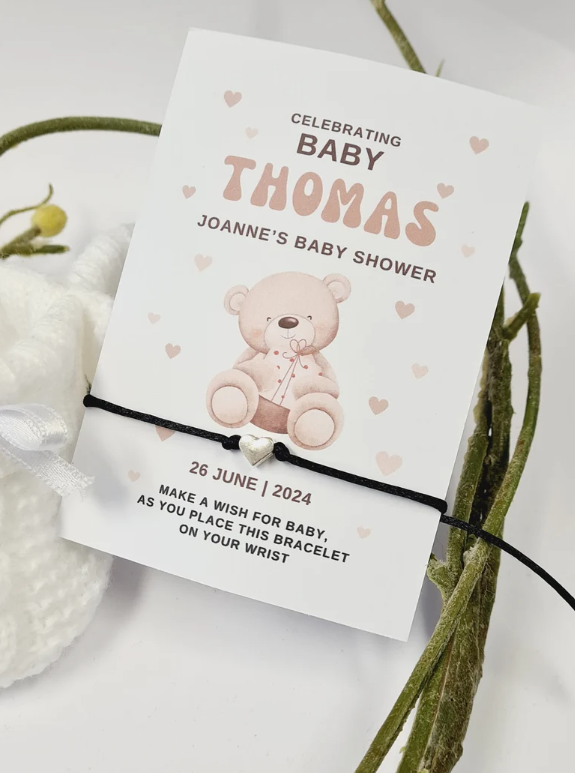 Cute Teddy Bear - Personalised Baby Shower Wish Bracelet, Mummy to Be, Charm String Bracelet, Personalised Gift -Celebrating - Aqiqah -B23