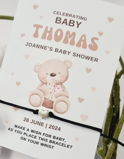 Cute Teddy Bear - Personalised Baby Shower Wish Bracelet, Mummy to Be, Charm String Bracelet, Personalised Gift -Celebrating - Aqiqah -B23