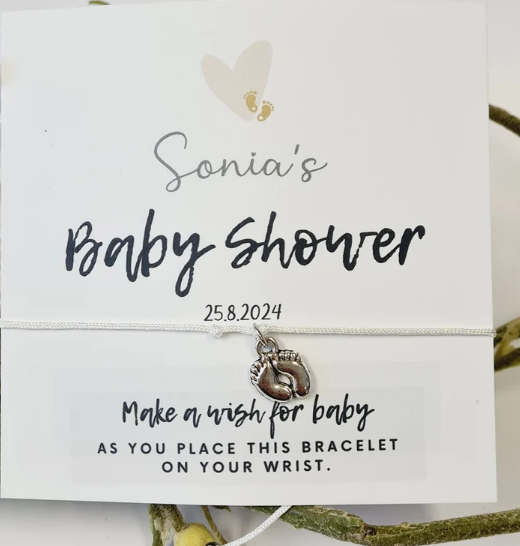 Personalised Baby Shower Wish Bracelet, Mummy to Be, Charm String Bracelet, Personalised Gift -Celebrating Baby - Heart and Baby Feet - BM11