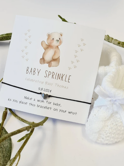 Baby Sprinkle-Teddy Bear-Personalised Baby Shower Wish Bracelet, Mummy to Be, Charm String Bracelet, Personalised Gift -Celebrating Baby-tr3