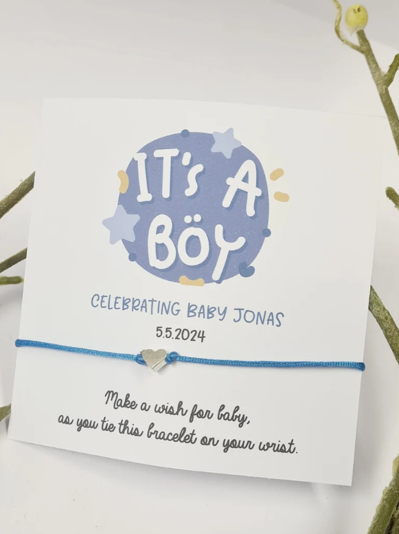 It's a Boy!-Baby Boy Teddy Bear Personalised Baby Shower Wish Bracelet, Mummy to Be, Charm String Bracelet, Personalised Gift -Blue - 801