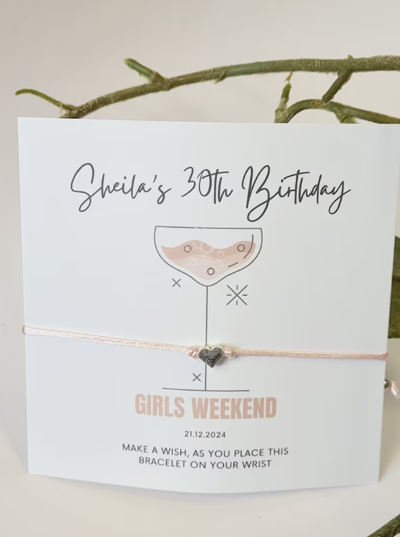 Birthday - Girls Weekend - Party - wish string charm bracelet - Party bag filler - Personalised - Any age - Girls Holiday A5