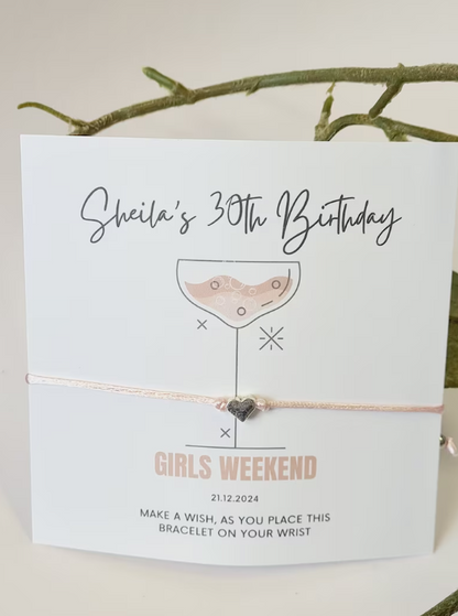 Birthday - Girls Weekend - Party - wish string charm bracelet - Party bag filler - Personalised - Any age - Girls Holiday A5