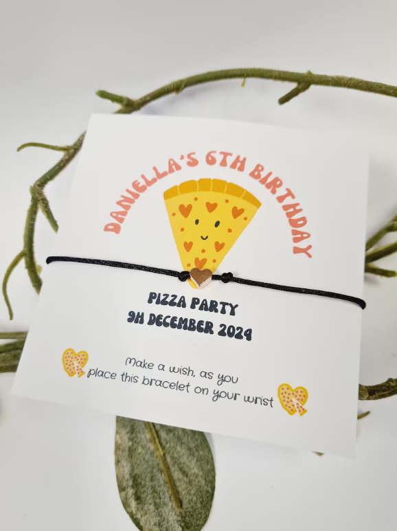 Pizza Party Birthday - wish string charm bracelet - Party bag filler - Personalised - Any age - PIzza Making Party Z56