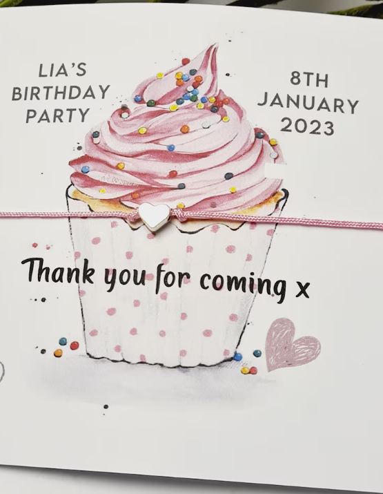 Thank you for coming to my party wish string charm bracelet - Party bag Goodie filler - Personalised -Birthday Cake Cupcake Design - CC4