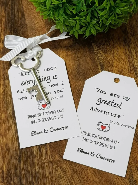 Disney Inspired Quotes-Wedding favours- Key Bottle Opener, Gift Tag and Ribbon - Personalised bride and Groom