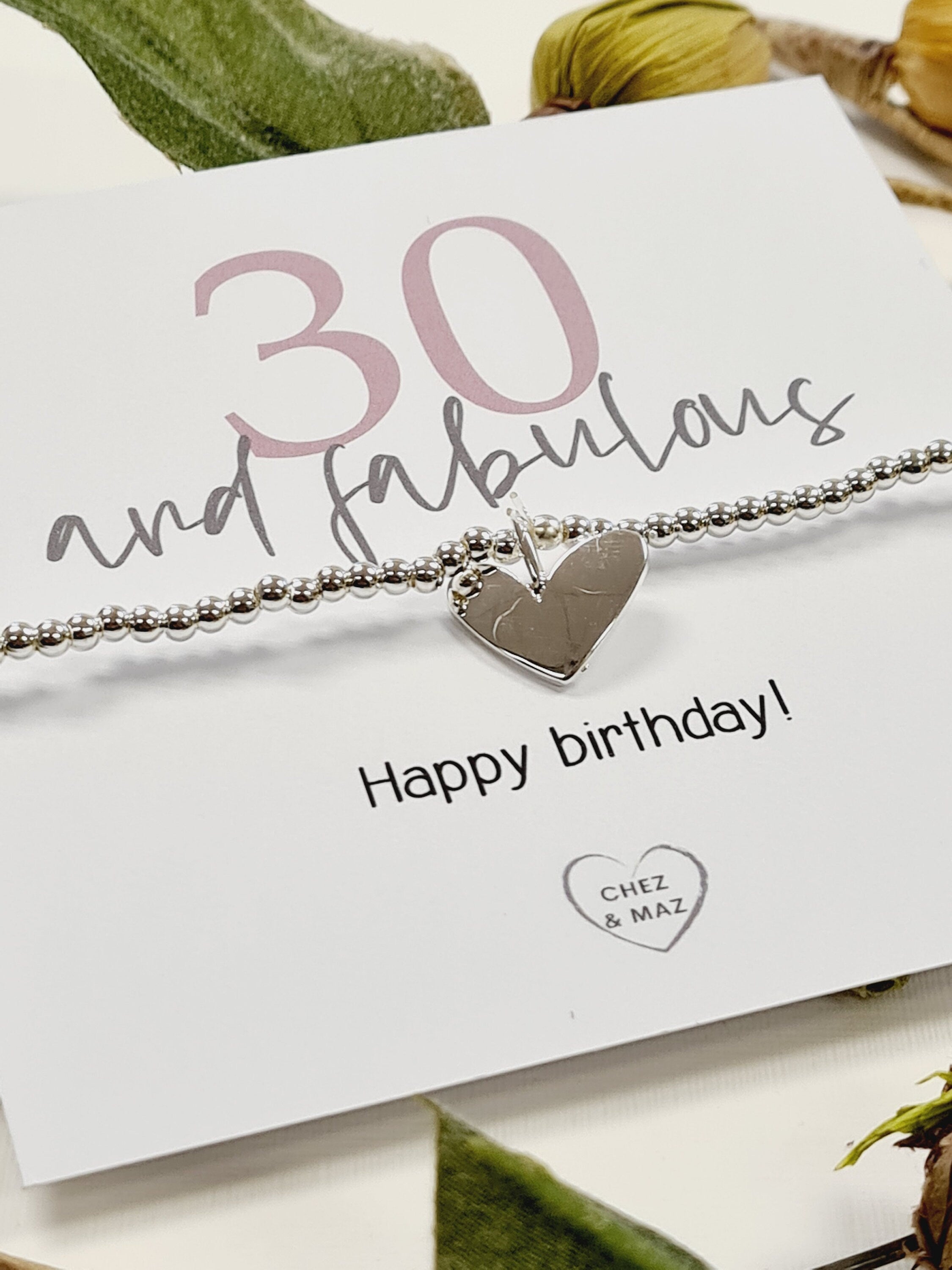 30th Birthday, Thirty, Silver Plated Charm Bracelet: Heart Charm 30 and Fabulous