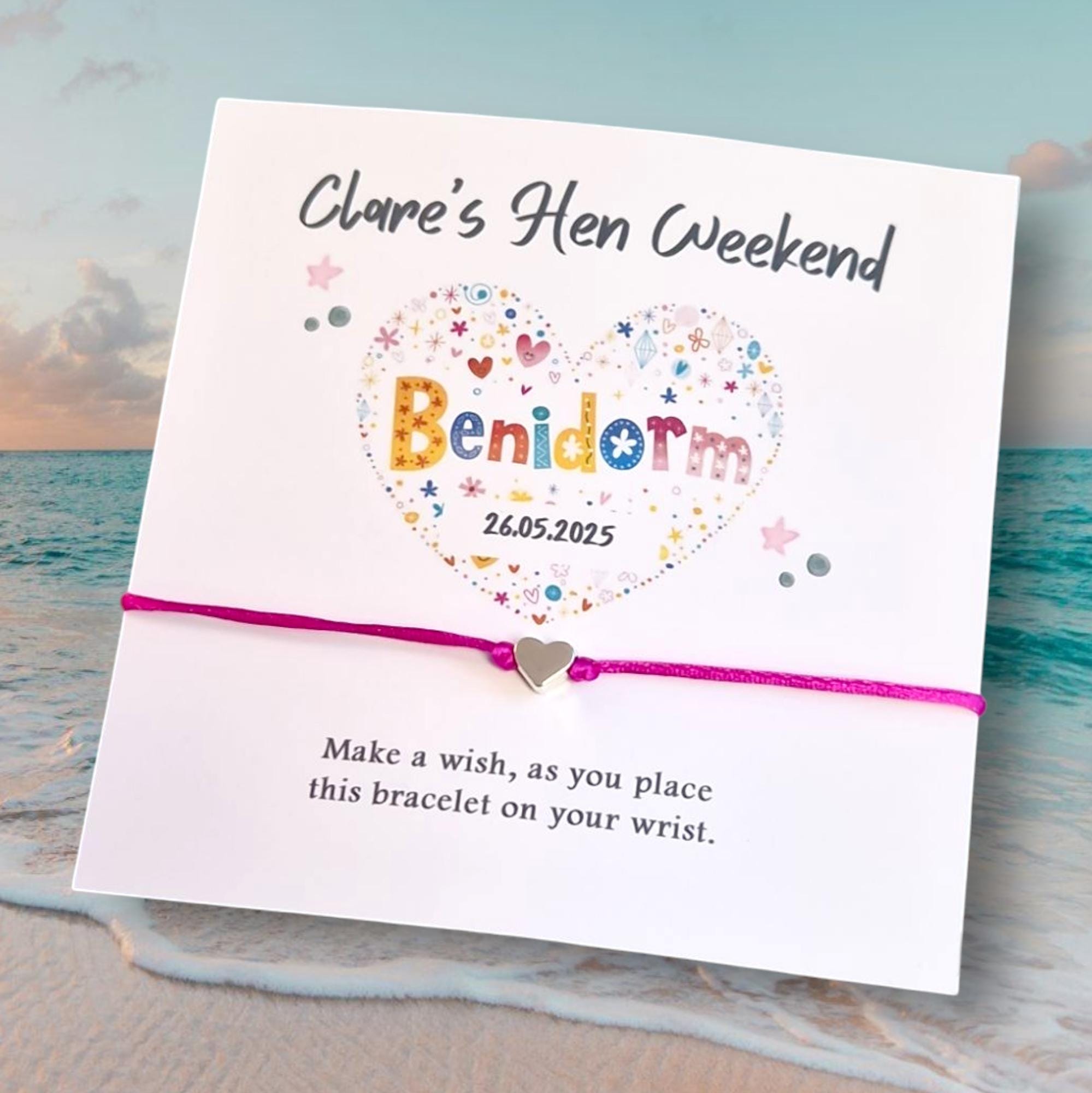 Benidorm I Hen Party I Birthday I Personalised Wish Bracelets I Spain Map with heart I Calligraphy - Girls Weekend- Hen Do- MV7