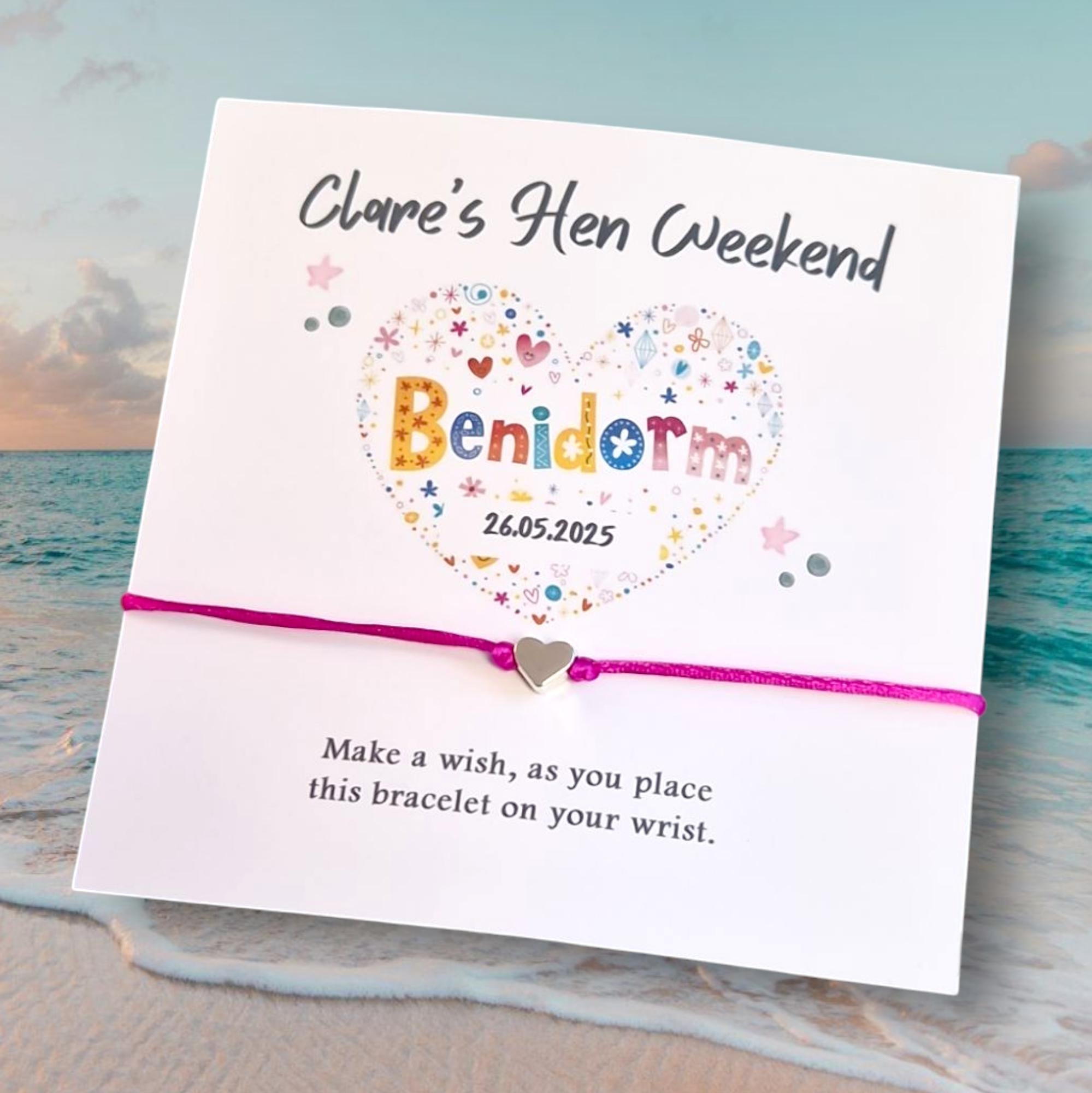 Benidorm I Hen Party I Birthday I Personalised Wish Bracelets I Spain Map with heart I Calligraphy - Girls Weekend- Hen Do- MV7