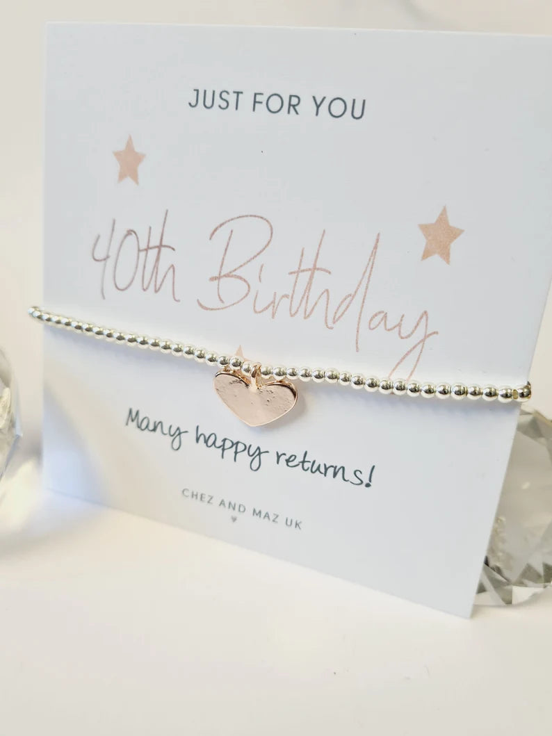 40th Birthday Bracelet I Happy Birthday I Forty I 40th Birthday I Fortieth I Silver plated charm bracelet & Rose Gold Plated Heart Charm-JC6