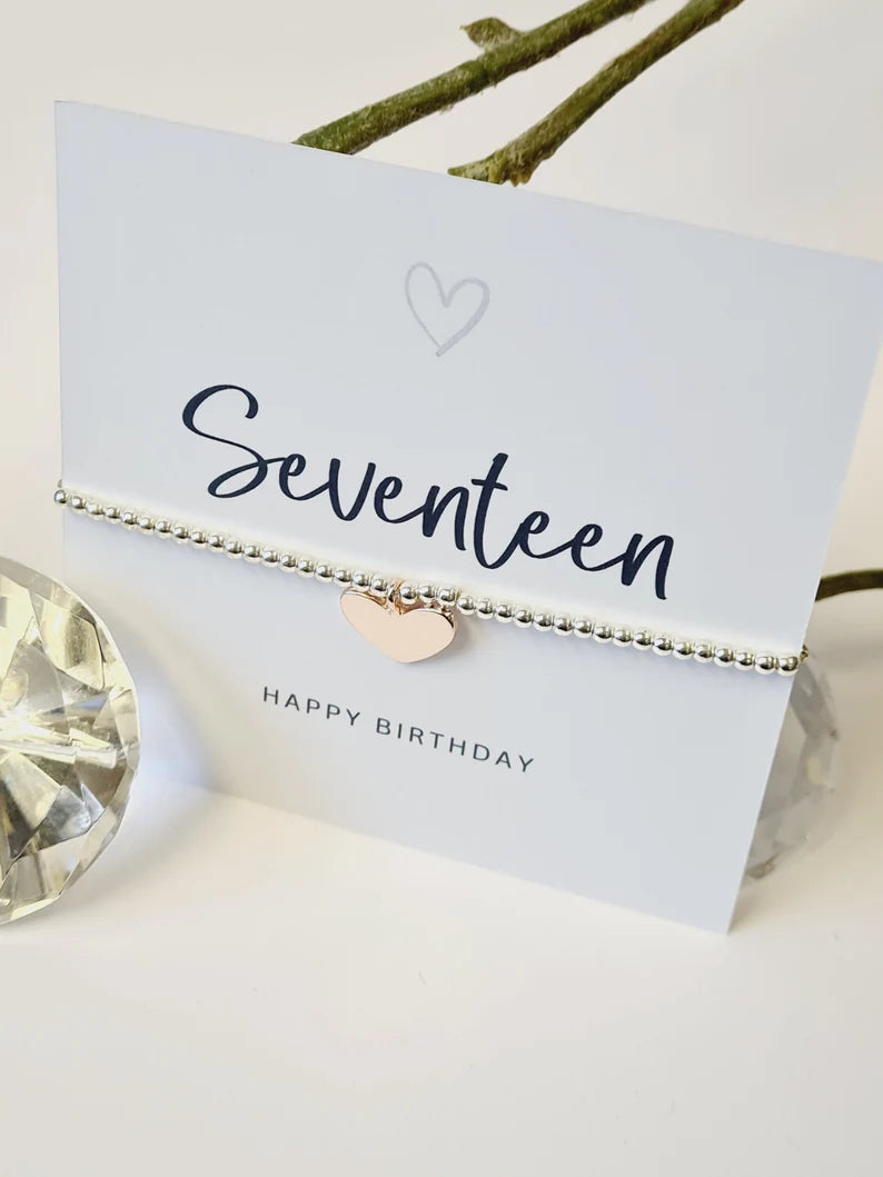 Seventeen Happy Birthday Silver Plated Bracelet I Rose Gold Colour Heart Charm Bracelet I 17th Birthday Bracelet I 17th Gift I PG6