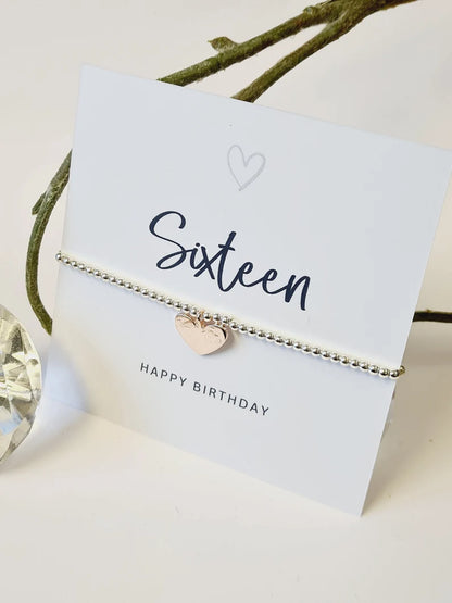 Sixteen Happy Birthday Silver Plated Bracelet I Rose Gold Coloured Heart Charm I 16th Birthday Bracelet I 16th Birthday Gift