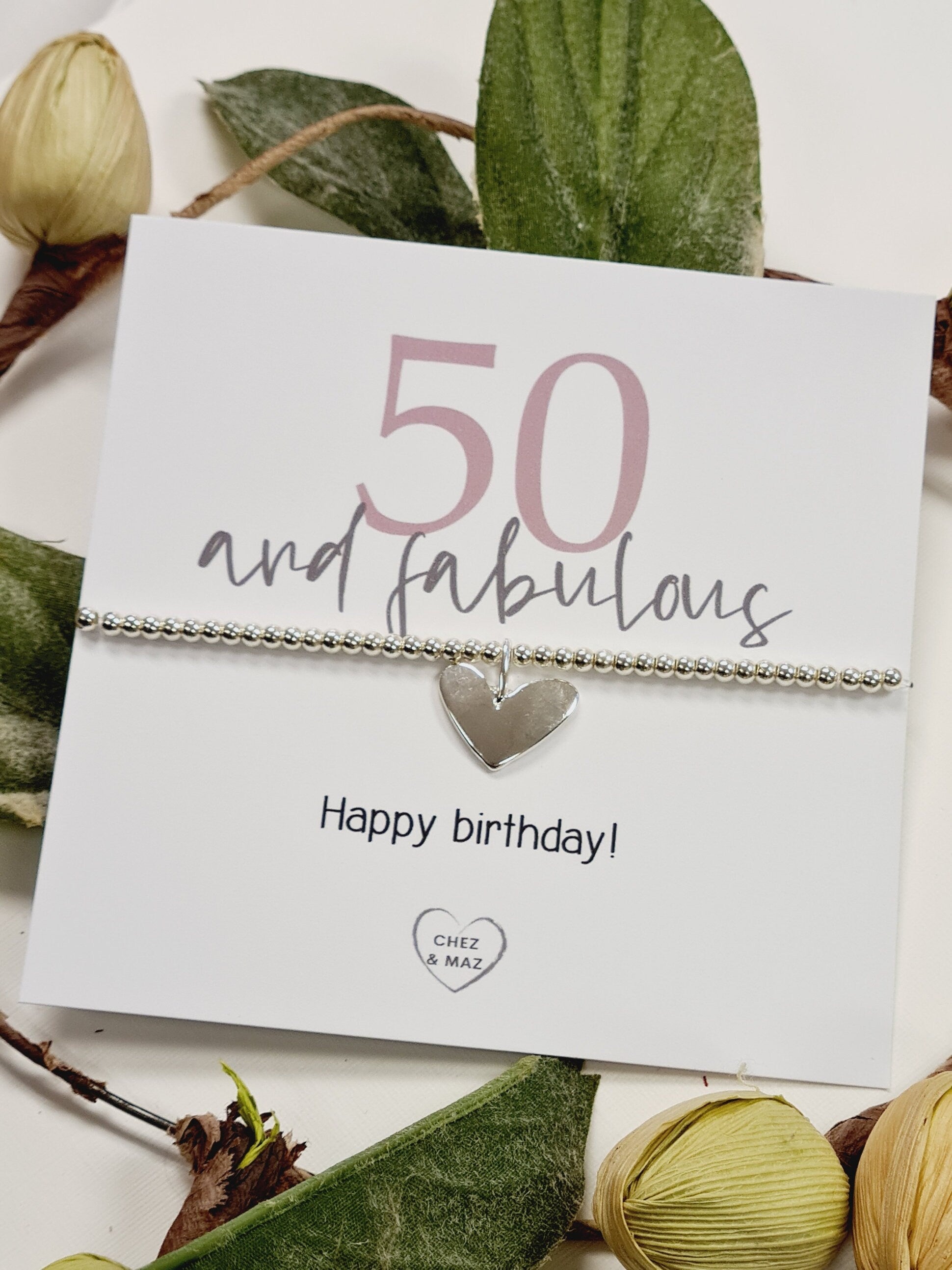 50 and fabulous, 50th Birthday, Fifty, 50th Gift I Happy birthday - Silver plated charm bracelet & silver heart charm