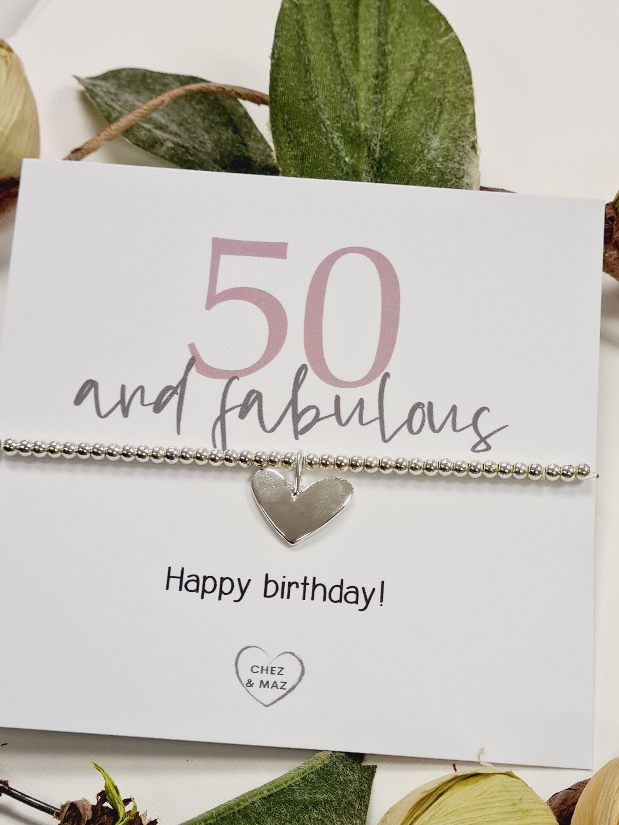 50 and fabulous, 50th Birthday, Fifty, 50th Gift I Happy birthday - Silver plated charm bracelet & silver heart charm